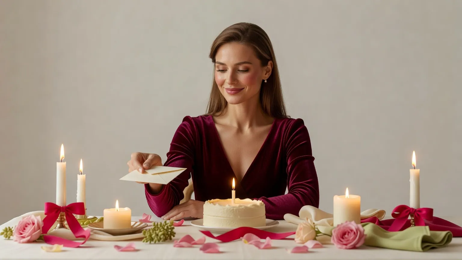 Une femme en robe bordeaux glisse une petite carte près d'un gâteau à bougie, entourée de bougies et de pétales de roses