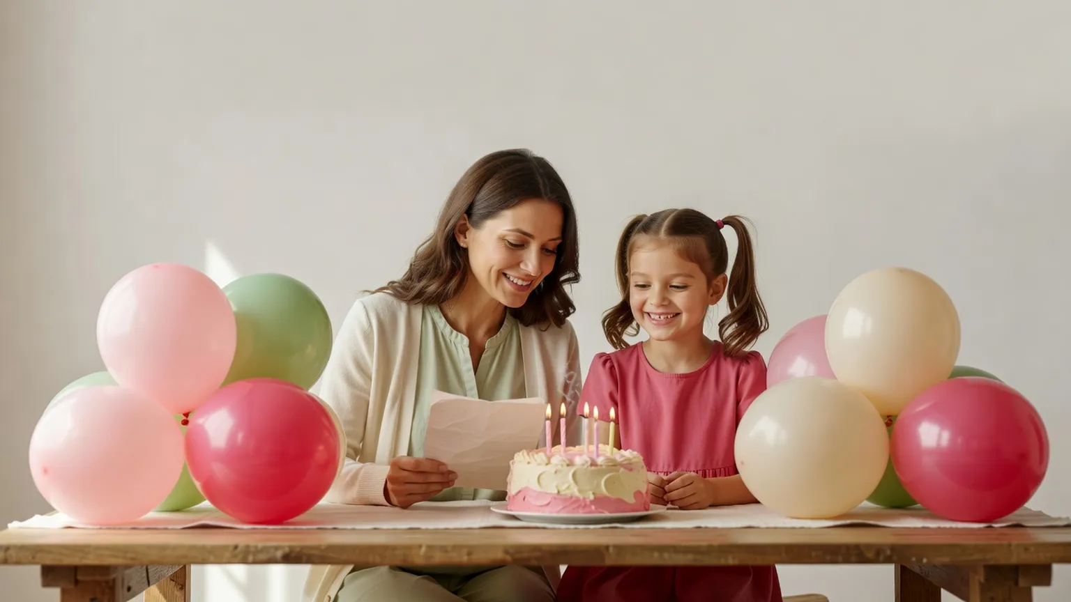Une maman en tenue de tous les jours lit une feuille à sa fillette souriante, devant un gâteau maison et des ballons