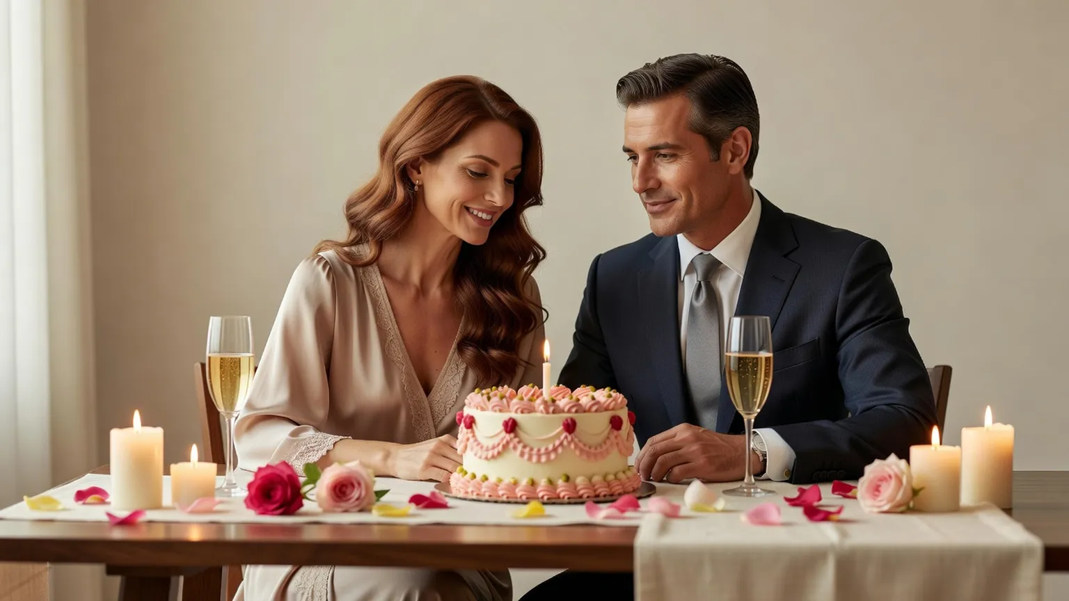 Un couple assis à une table garnie de bougies et de pétales trinque avec des flûtes devant un gâteau décoré de fleurs