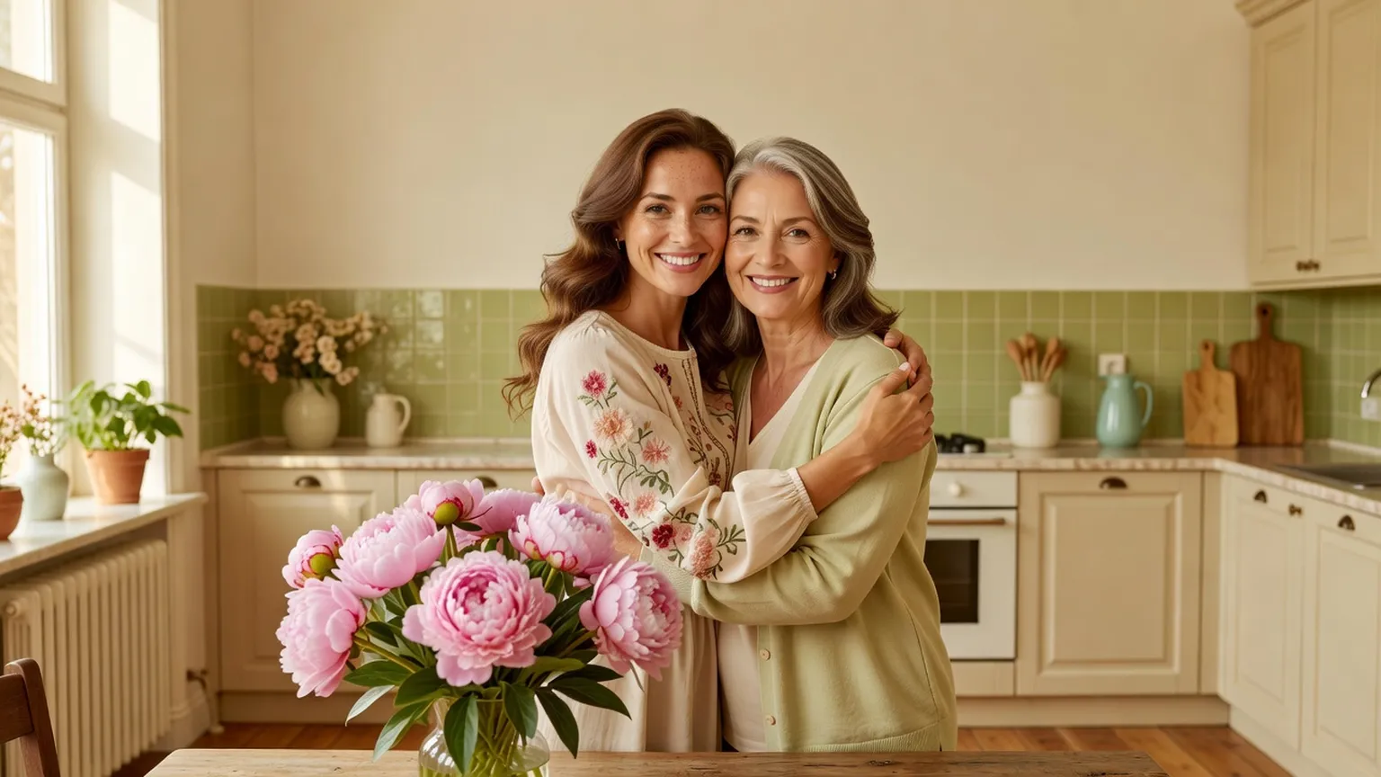 Une jeune femme en blouse fleurie serre sa mère souriante dans ses bras dans une cuisine ensoleillée, un bouquet de pivoines roses sur la table