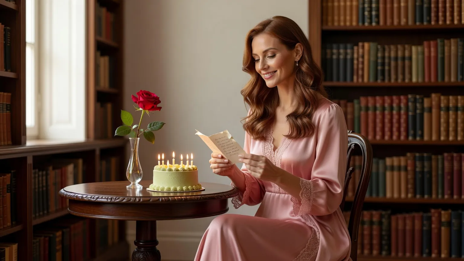 Une femme en robe rose lit une carte près d'une rose et d'un petit gâteau à bougies, dans une bibliothèque