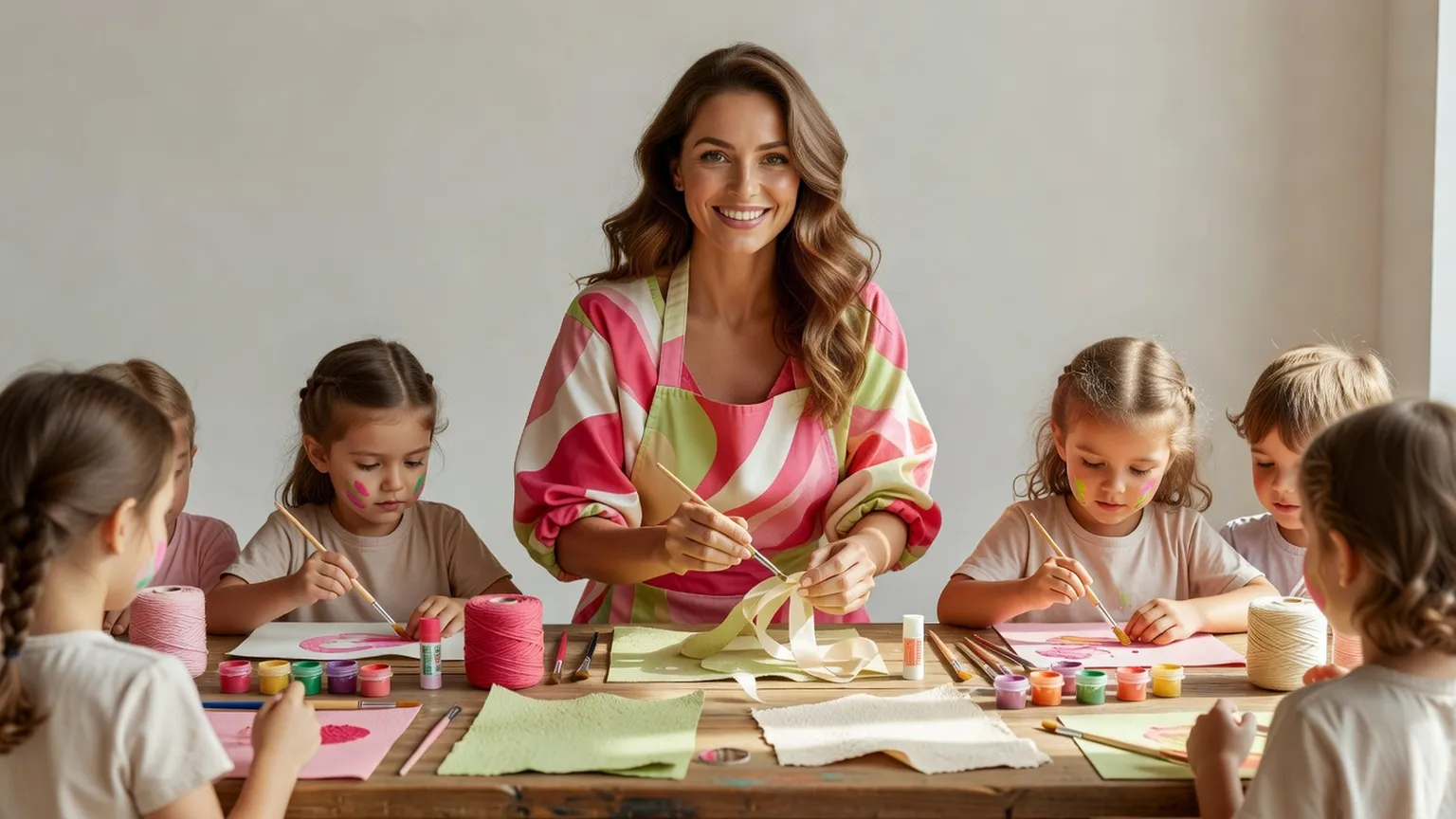 Une femme en tablier coloré anime un atelier de maquillage et de bricolage à une longue table dans une pièce lumineuse, des enfants vus de dos