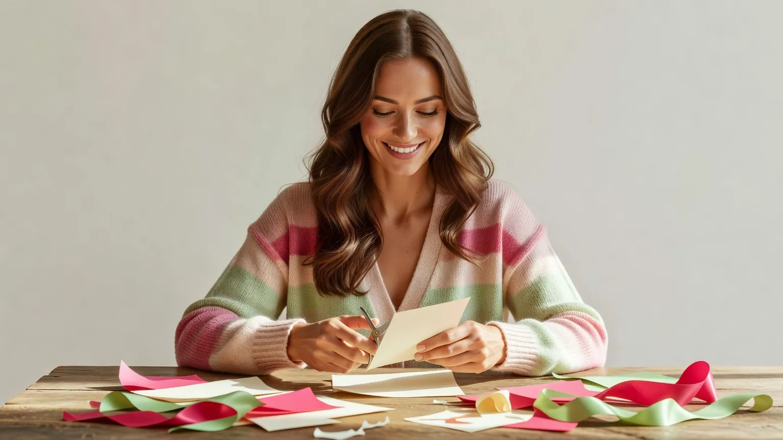 Une femme en pull rayé rose et vert découpe du papier et plie une carte, entourée de rubans