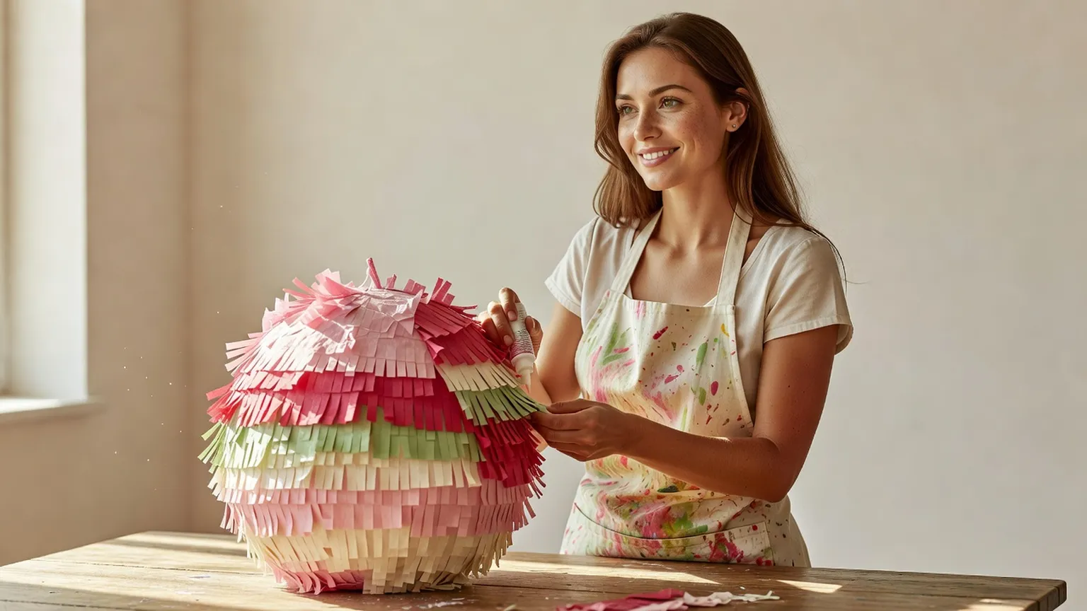 Une femme en tablier sourit en posant la touche finale à une piñata ronde à franges roses, blanches et vertes sur une table