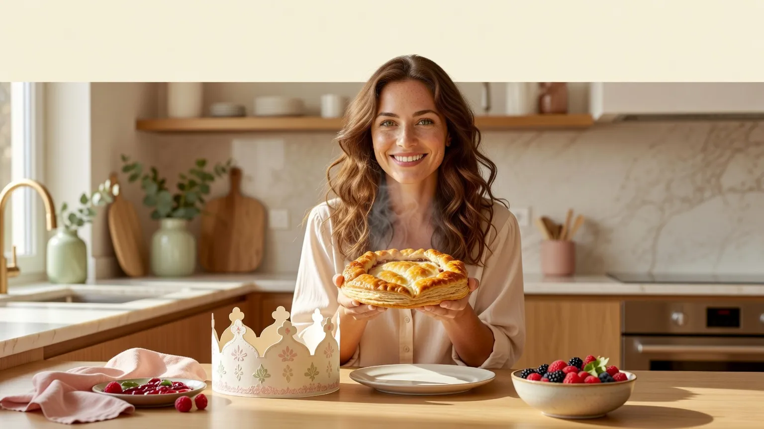 Une femme souriante tient une galette dorée tout juste sortie du four, une couronne en papier posée à côté