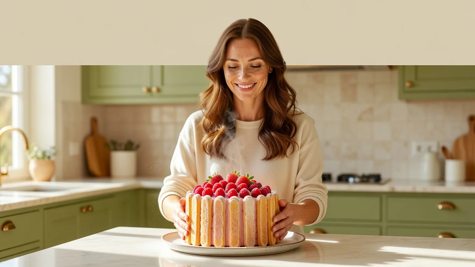 Une femme souriante présente une charlotte démoulée, ceinte de biscuits à la cuillère et couronnée de framboises et de fraises