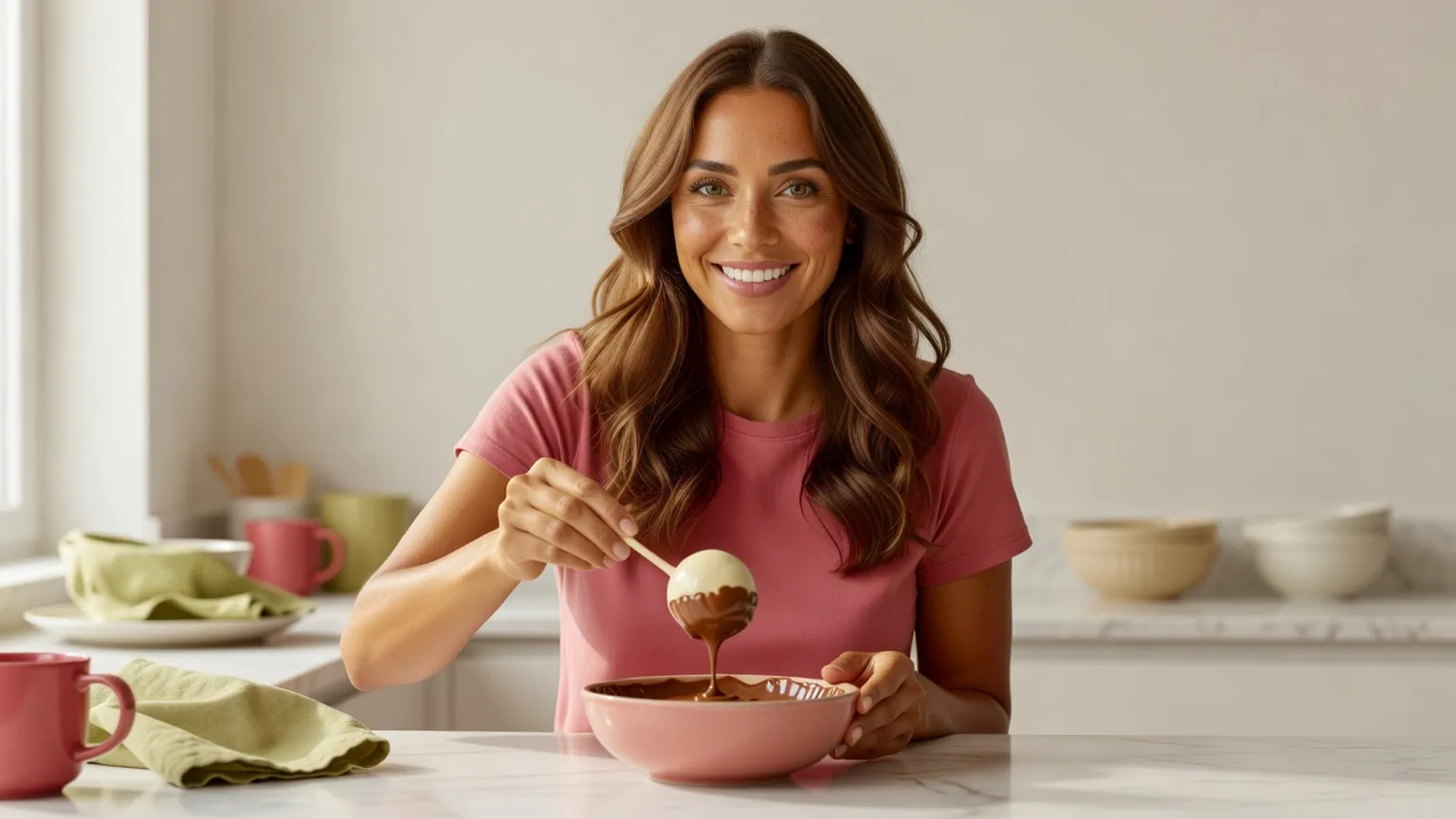 Une femme souriante trempe une boule de gâteau dans un bol de chocolat rose, dans une cuisine claire
