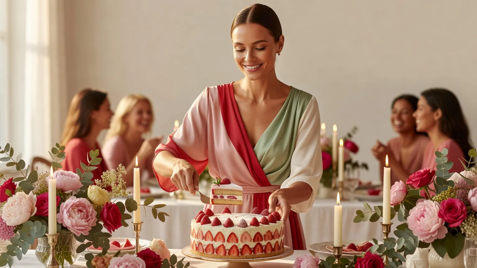 Une femme élégante sert une part de gâteau aux fraises sur une table de fête ornée de bougies et de fleurs roses, avec des invités souriants en arrière-plan