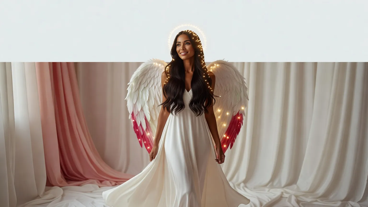 Une femme en robe blanche, ailes de plumes et auréole lumineuse, devant un grand drapé blanc