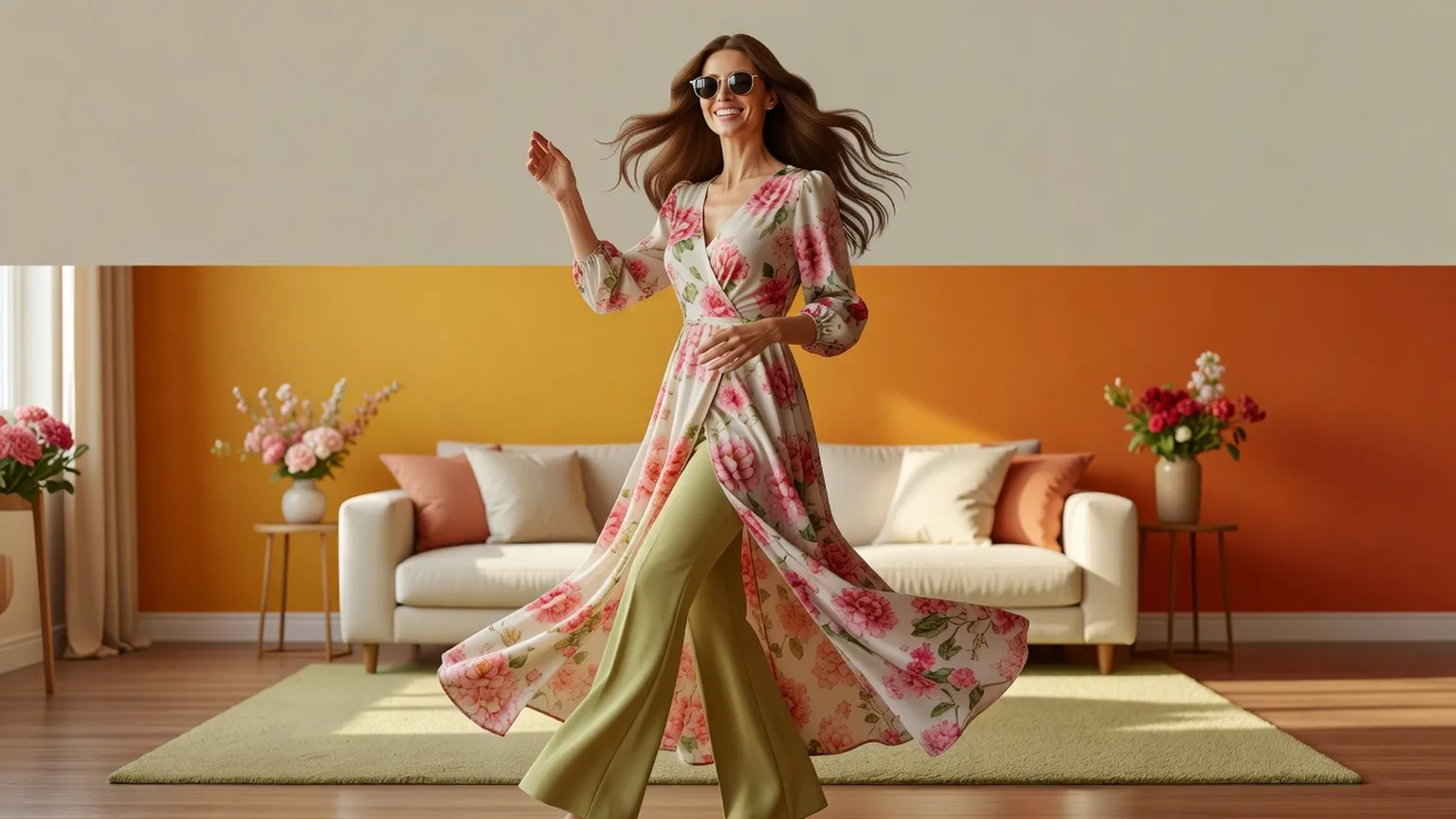 Une femme en longue robe fleurie et pantalon évasé, lunettes rondes, danse devant un mur orange