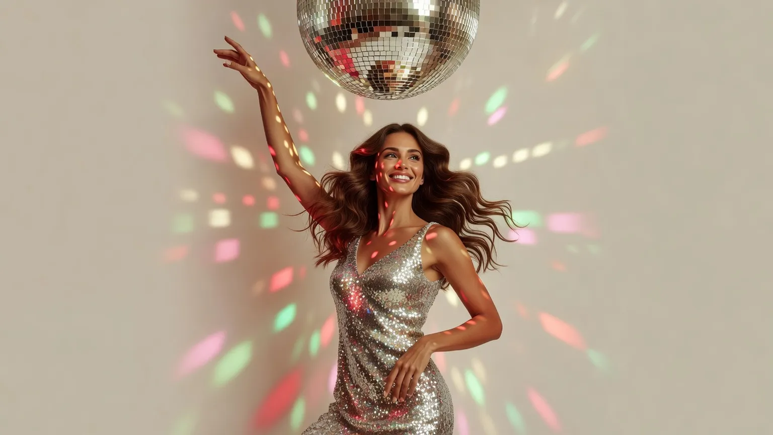 Une femme en robe à sequins argentés danse sous une boule à facettes, des éclats de lumière colorés autour d'elle