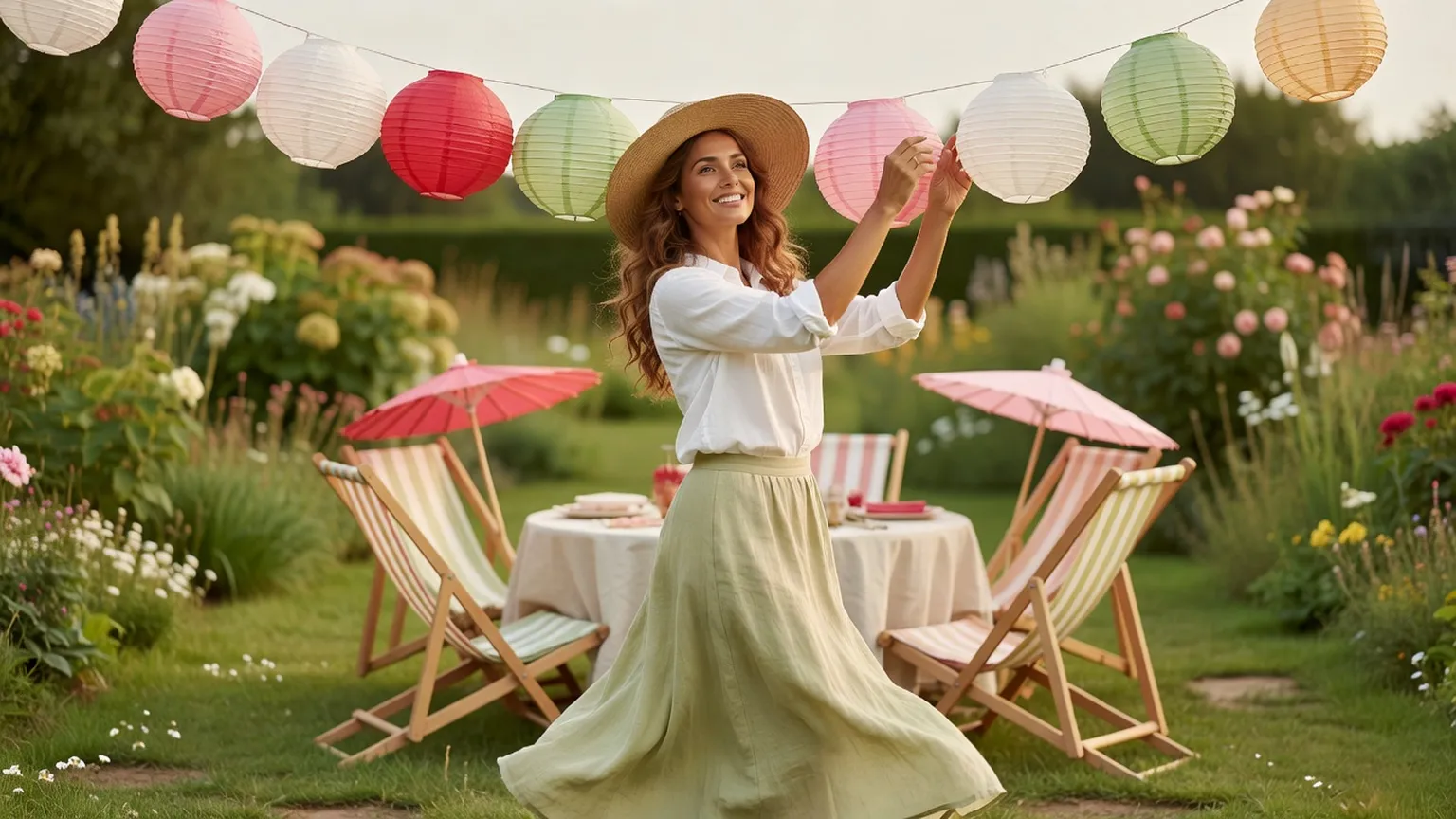 Une femme en chapeau de paille danse dans un jardin fleuri, avec des chaises longues, des parasols roses et des lanternes en papier