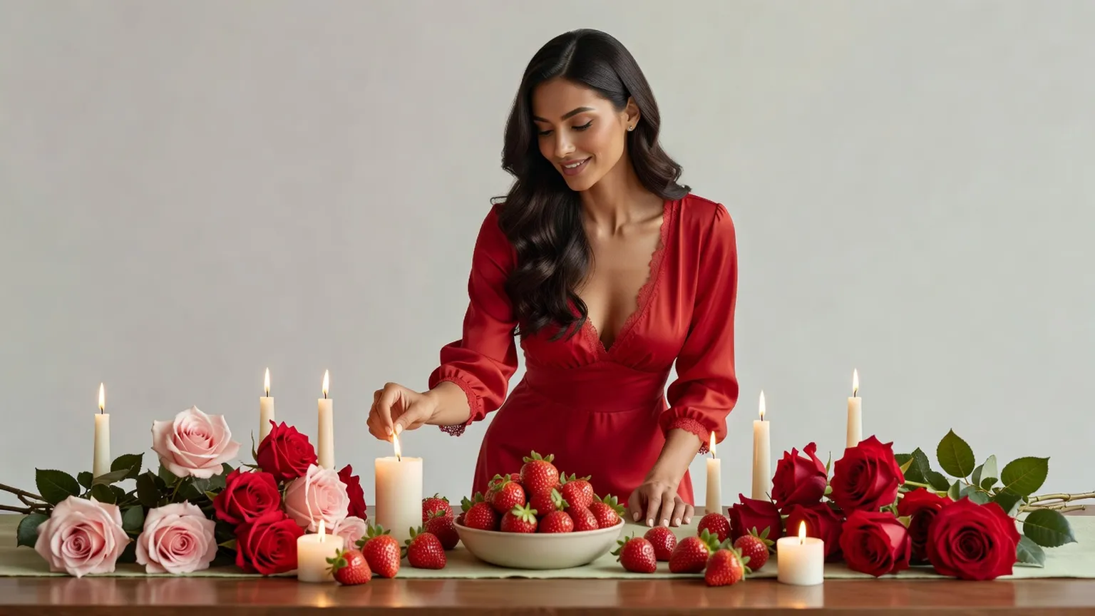 Une femme en robe rouge élégante allume des bougies sur une table ornée de roses rouges et de fraises, dans une lumière chaude