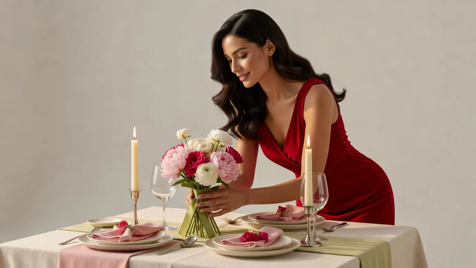 Une femme brune en robe rouge arrange un bouquet sur une table dressée pour deux, entre des bougies