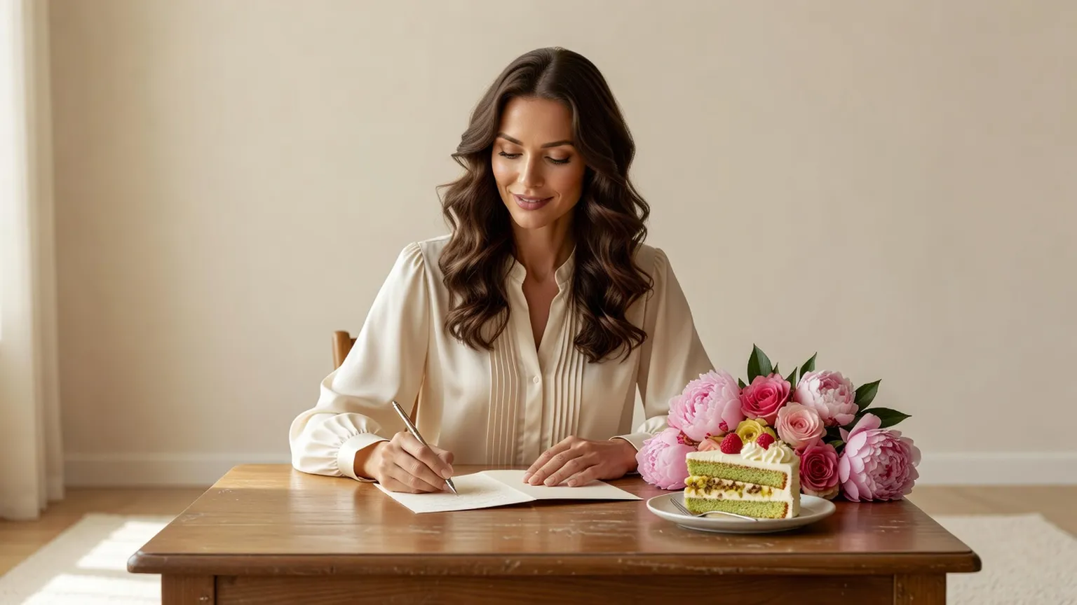 Une jeune femme écrit une carte d'anniversaire à son bureau, avec un bouquet rose et une part de gâteau à côté d'elle