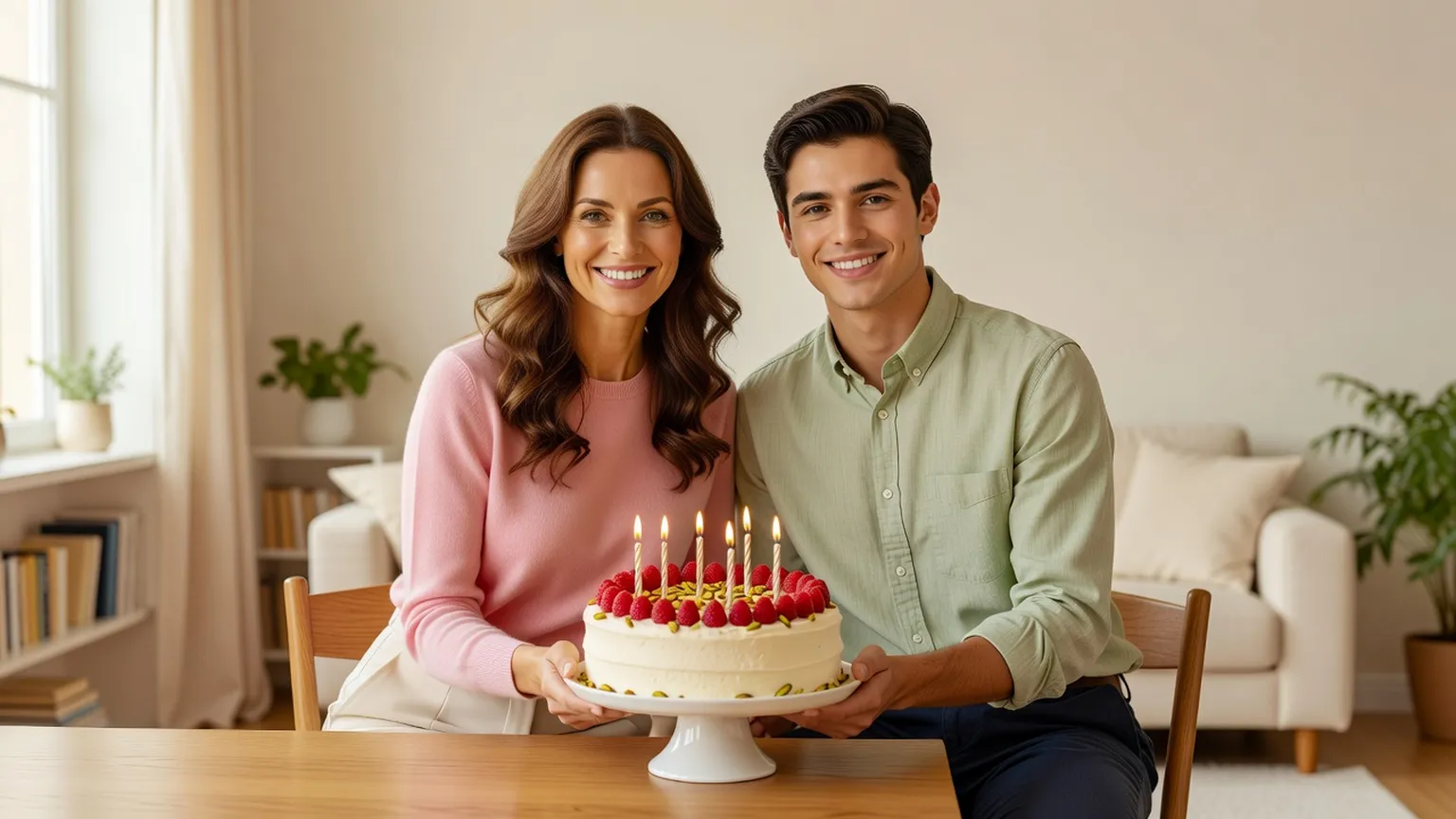 Un jeune homme et une jeune femme sourient en tenant ensemble un gâteau garni de fraises et de bougies, dans un salon clair