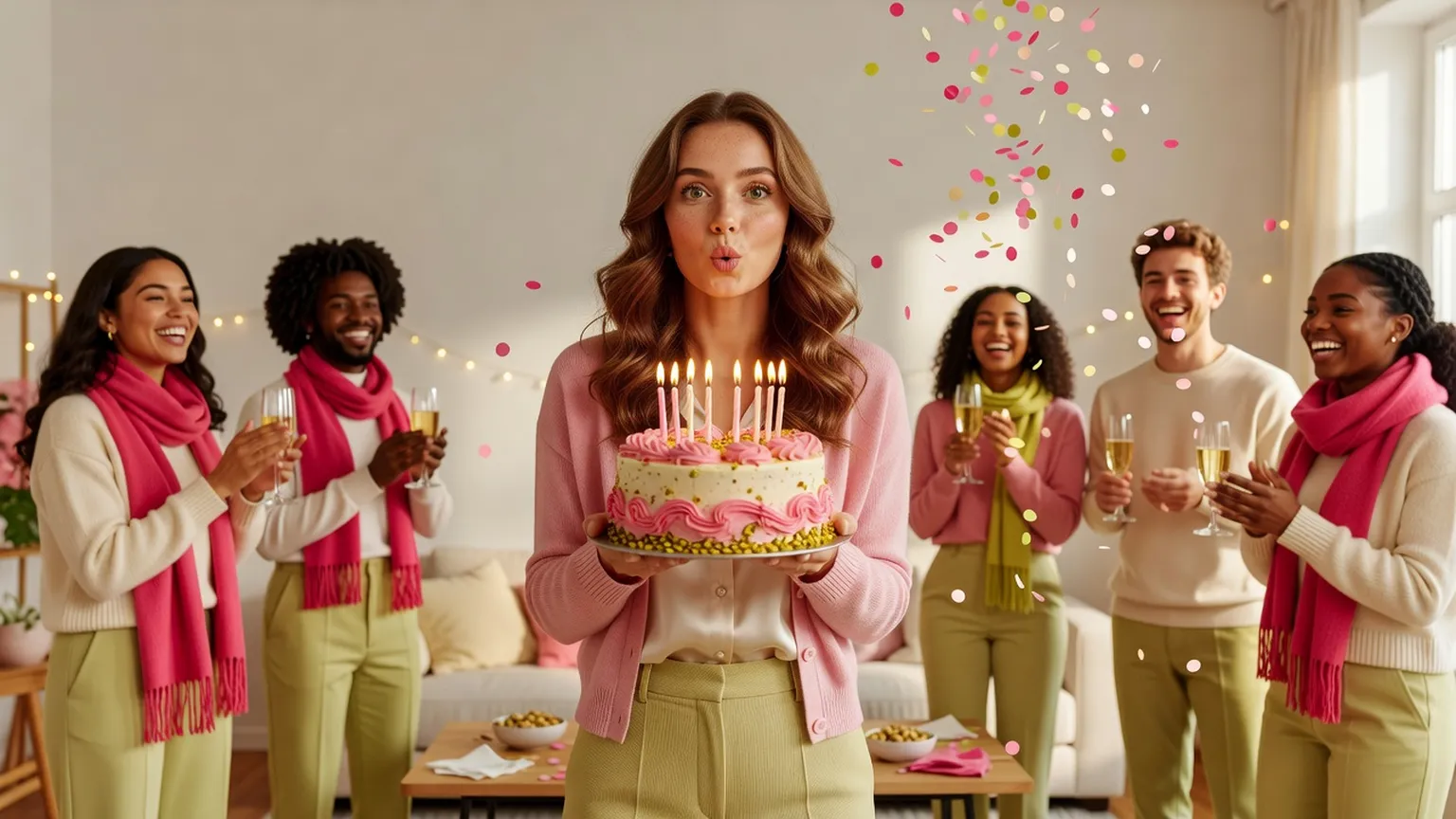 Une jeune femme souffle les bougies d'un gâteau entourée d'amis souriants en écharpes roses, sous une pluie de confettis