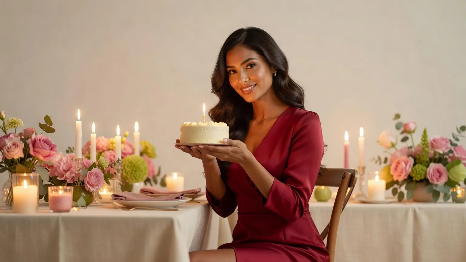 Une femme en robe framboise tient un petit gâteau orné d'une bougie allumée lors d'un dîner aux chandelles