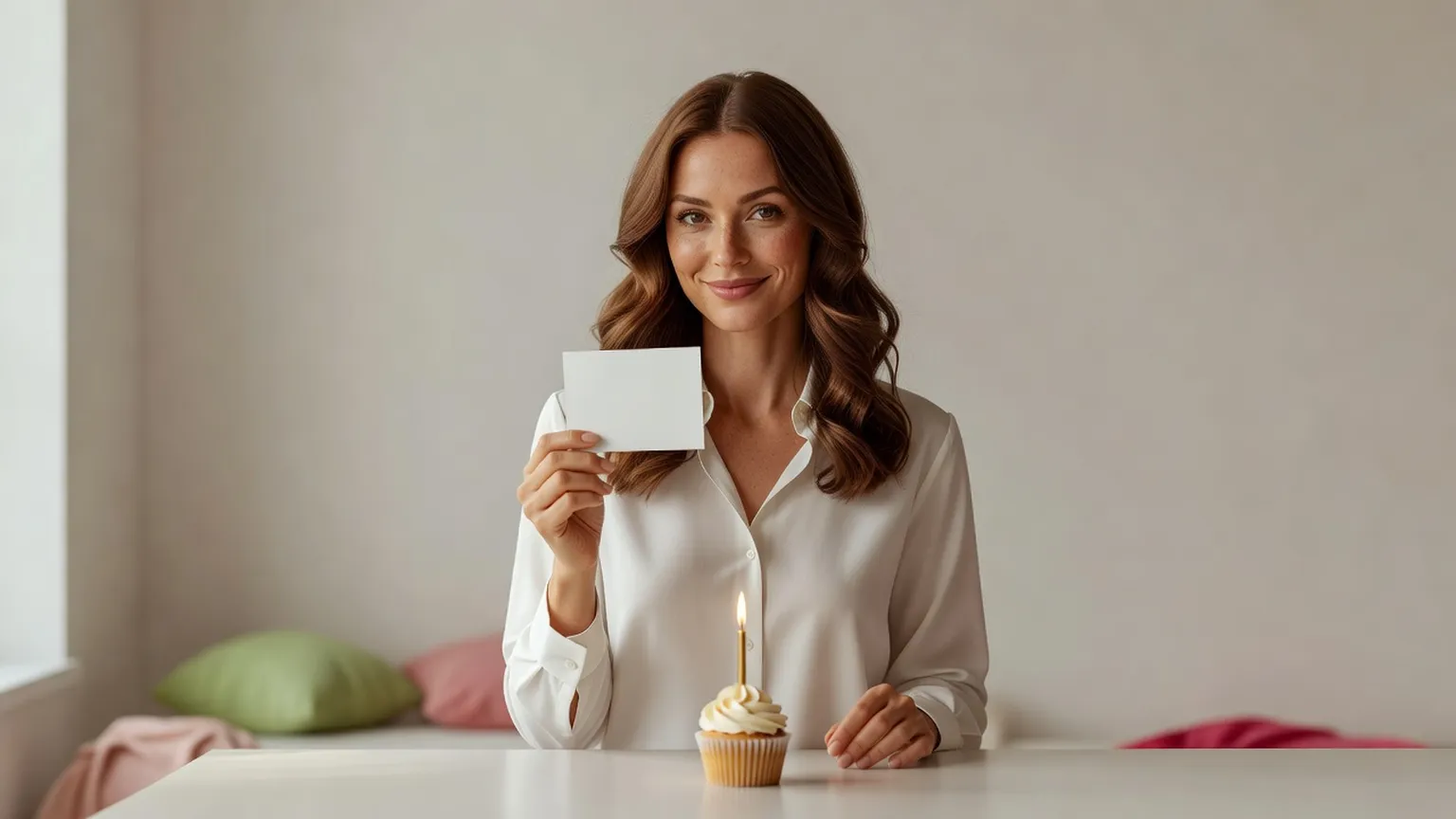 Une carte d'anniversaire posée près d'un petit gâteau décoré de bougies