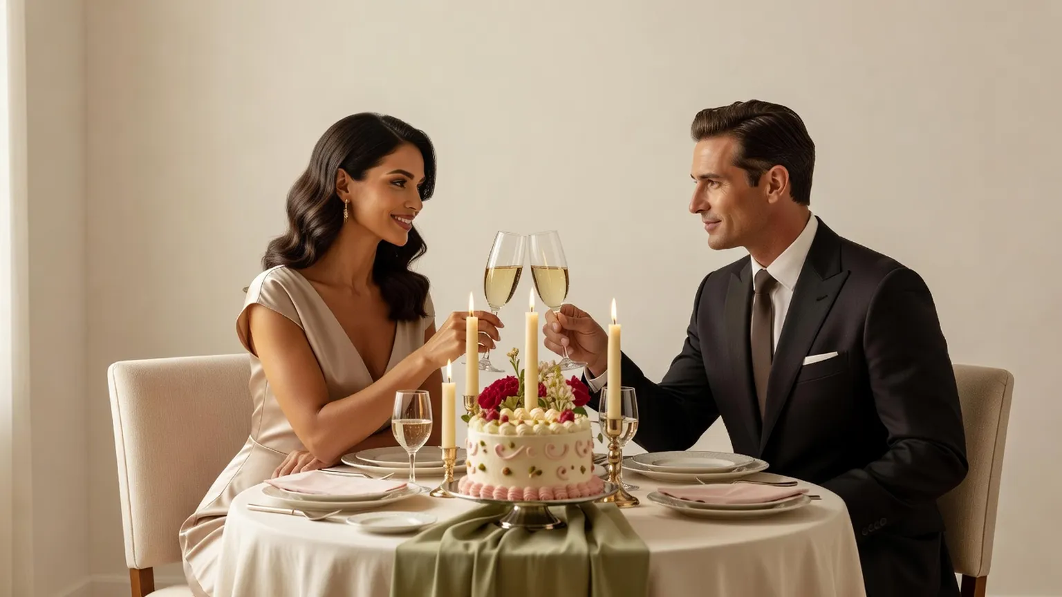 Une femme en robe champagne et son mari en costume trinquent à la lueur des bougies lors d'un dîner d'anniversaire de mariage, un petit gâteau sur la table