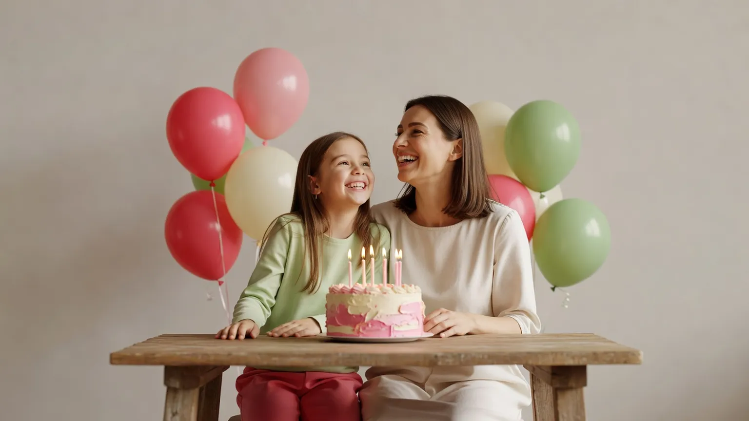 Une mère et sa fille d'environ six ans rient ensemble devant un gâteau maison orné de bougies, avec des ballons en arrière-plan