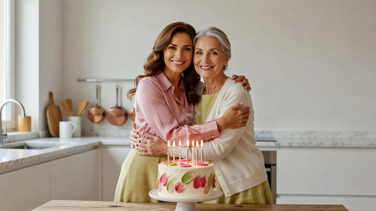 Une jeune femme en blouse rose serre sa mère dans ses bras dans une cuisine lumineuse, un gâteau aux bougies posé sur la table devant elles