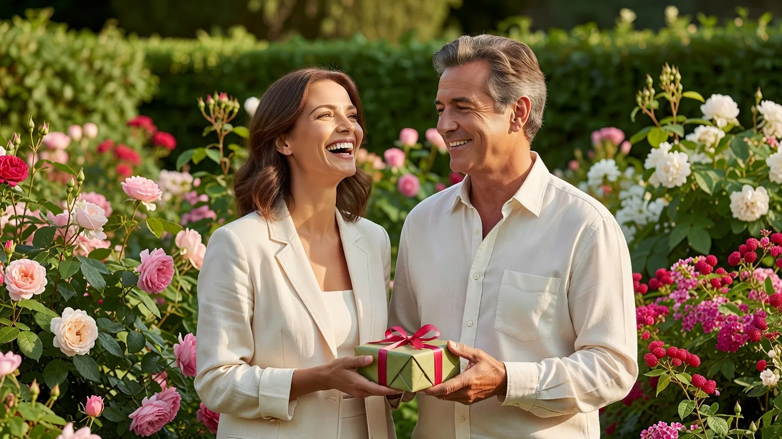 Une femme élégante rit avec son père d'une soixantaine d'années dans un jardin, il tient un petit cadeau emballé