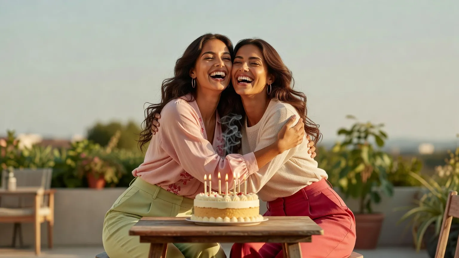 Deux amies brunes se serrent dans les bras en riant sur une terrasse, devant un petit gâteau à bougies
