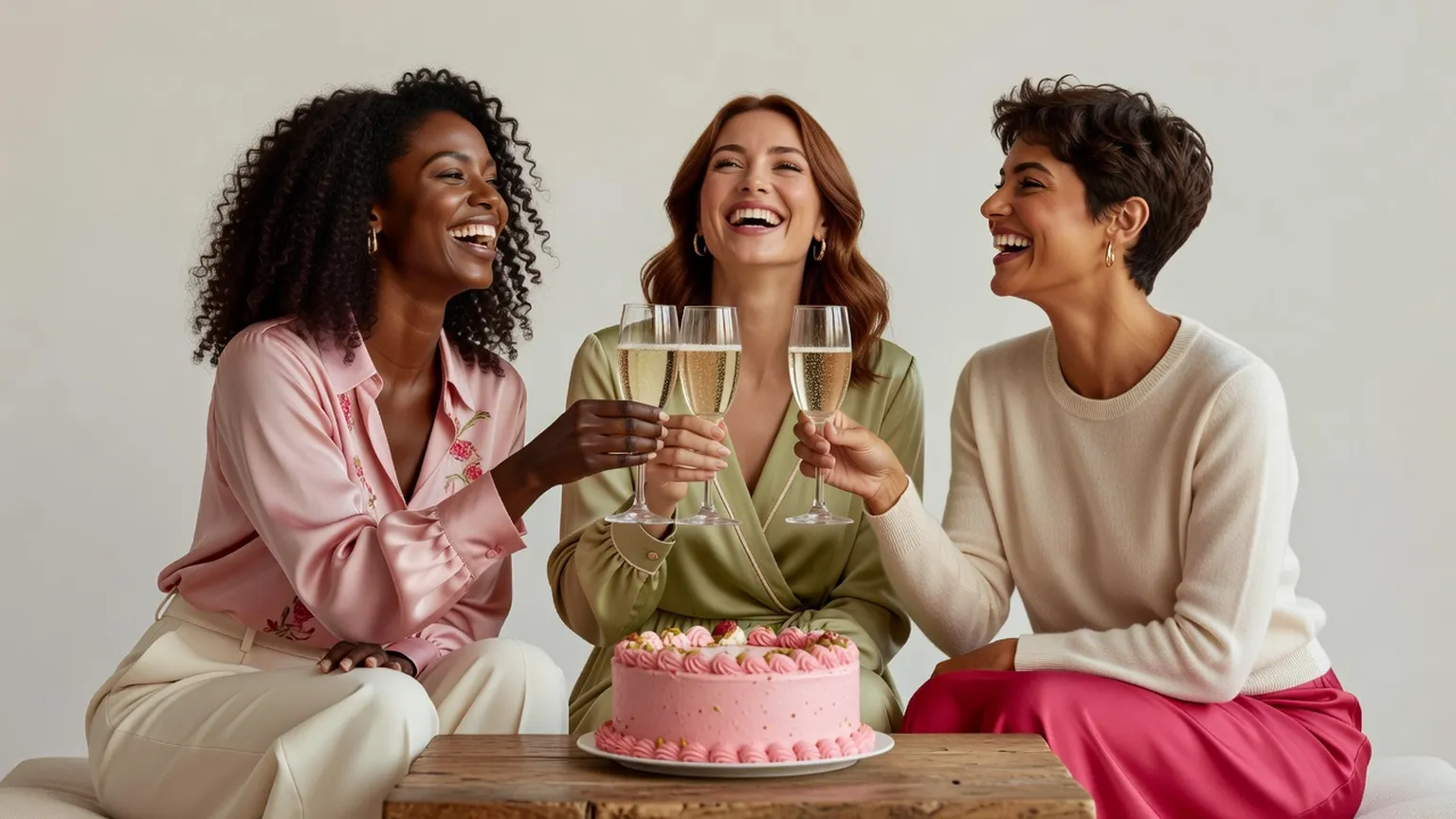 Groupe d'amies réuni autour d'une table décorée pour un anniversaire