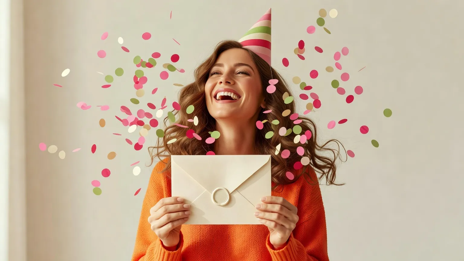 Une femme en pull orange rit en tenant une enveloppe devant elle, sous une pluie de confettis
