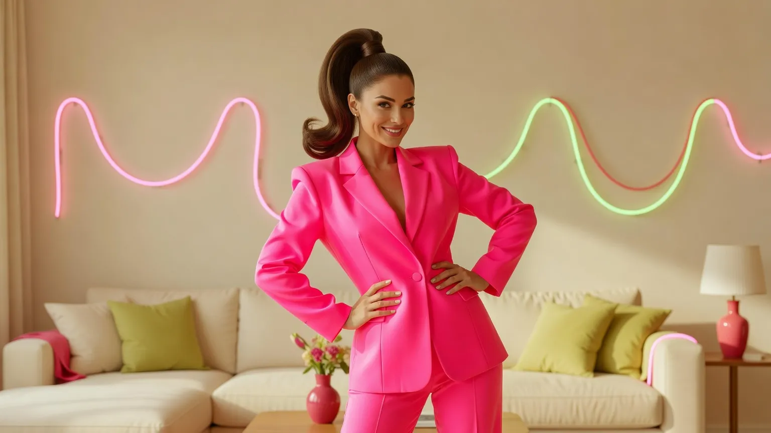 Une femme en blazer rose fluo, une main sur la hanche, pose dans un salon devant des néons roses et verts