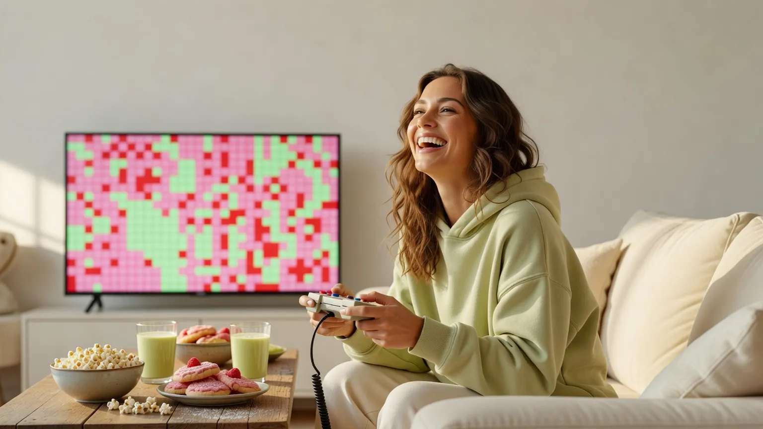 Une femme rit en jouant à une console sur un canapé, devant un écran aux pixels roses et verts