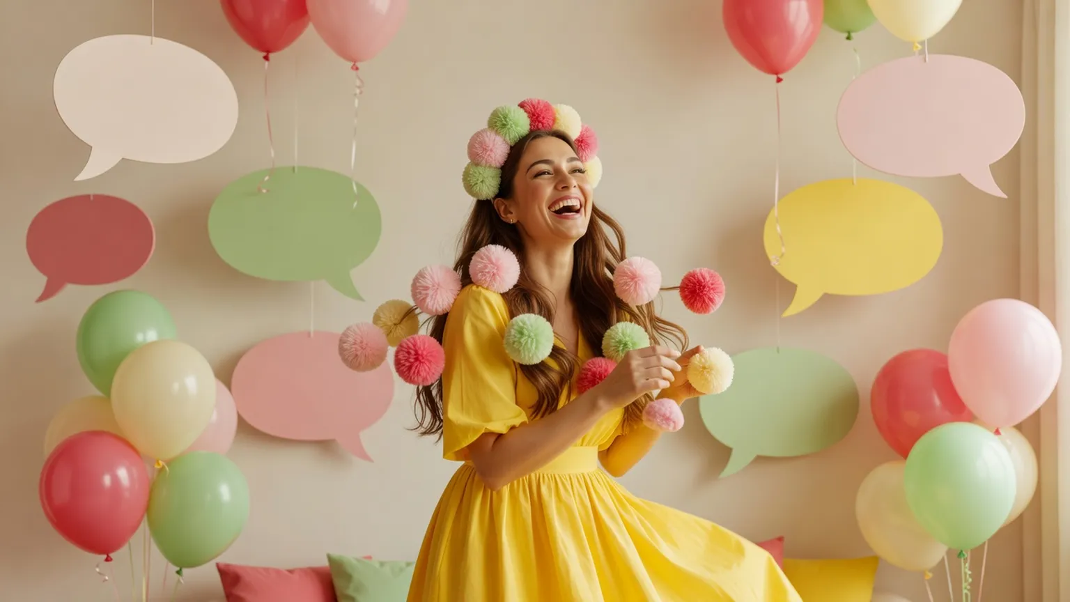 Une femme en robe jaune rit au milieu de bulles de bande dessinée en papier et de ballons