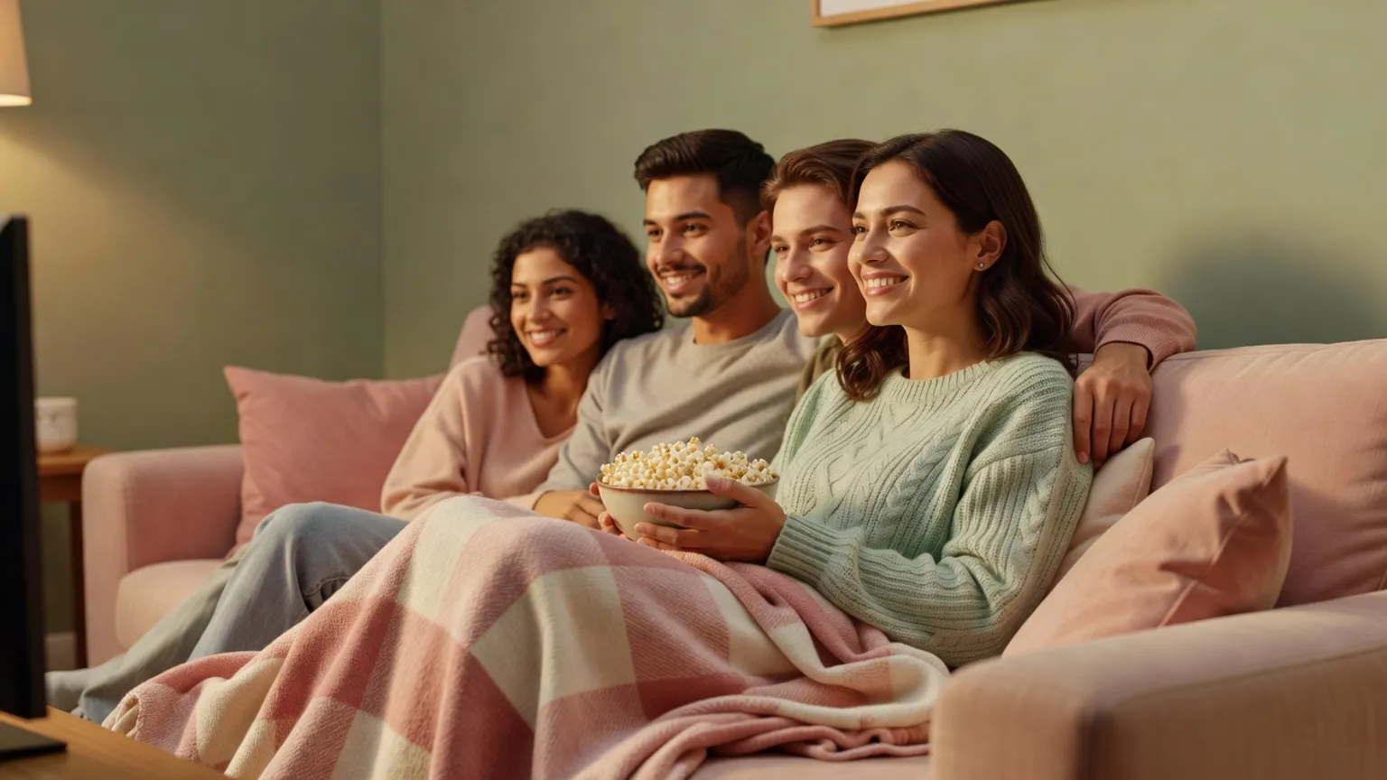 Une femme en pull vert sous un plaid à carreaux rouges mange du pop-corn sur un canapé, avec trois amis derrière elle devant un écran de télévision