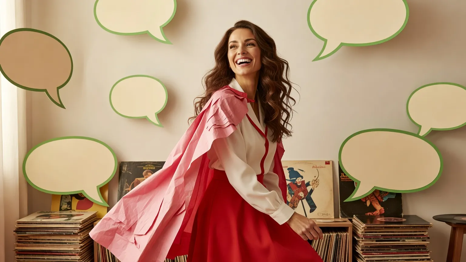 Une femme en cape rose et robe rouge rit devant un mur décoré de grandes bulles de bande dessinée