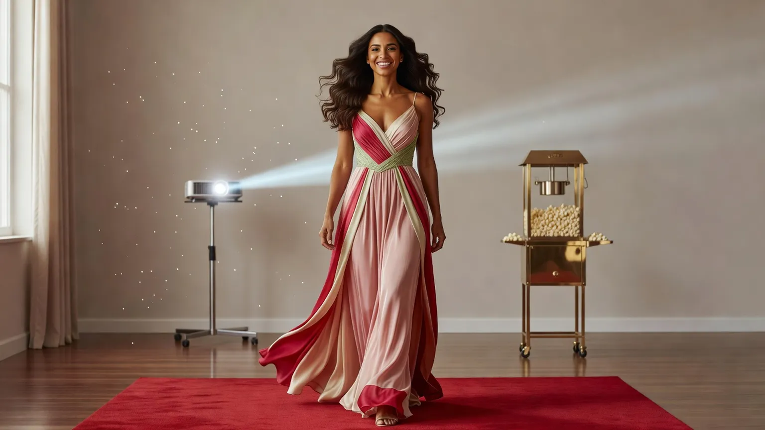 Une femme en robe longue rose et rouge marche sur un tapis rouge, devant un projecteur et une machine à popcorn