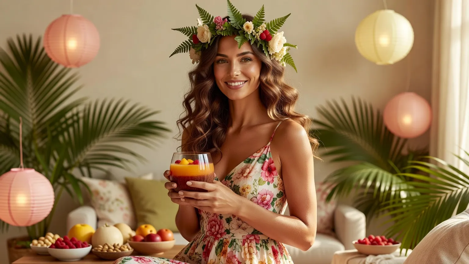 Une femme couronnée de fleurs, en robe fleurie, tient un cocktail orangé dans un salon avec palmes et lanternes en papier