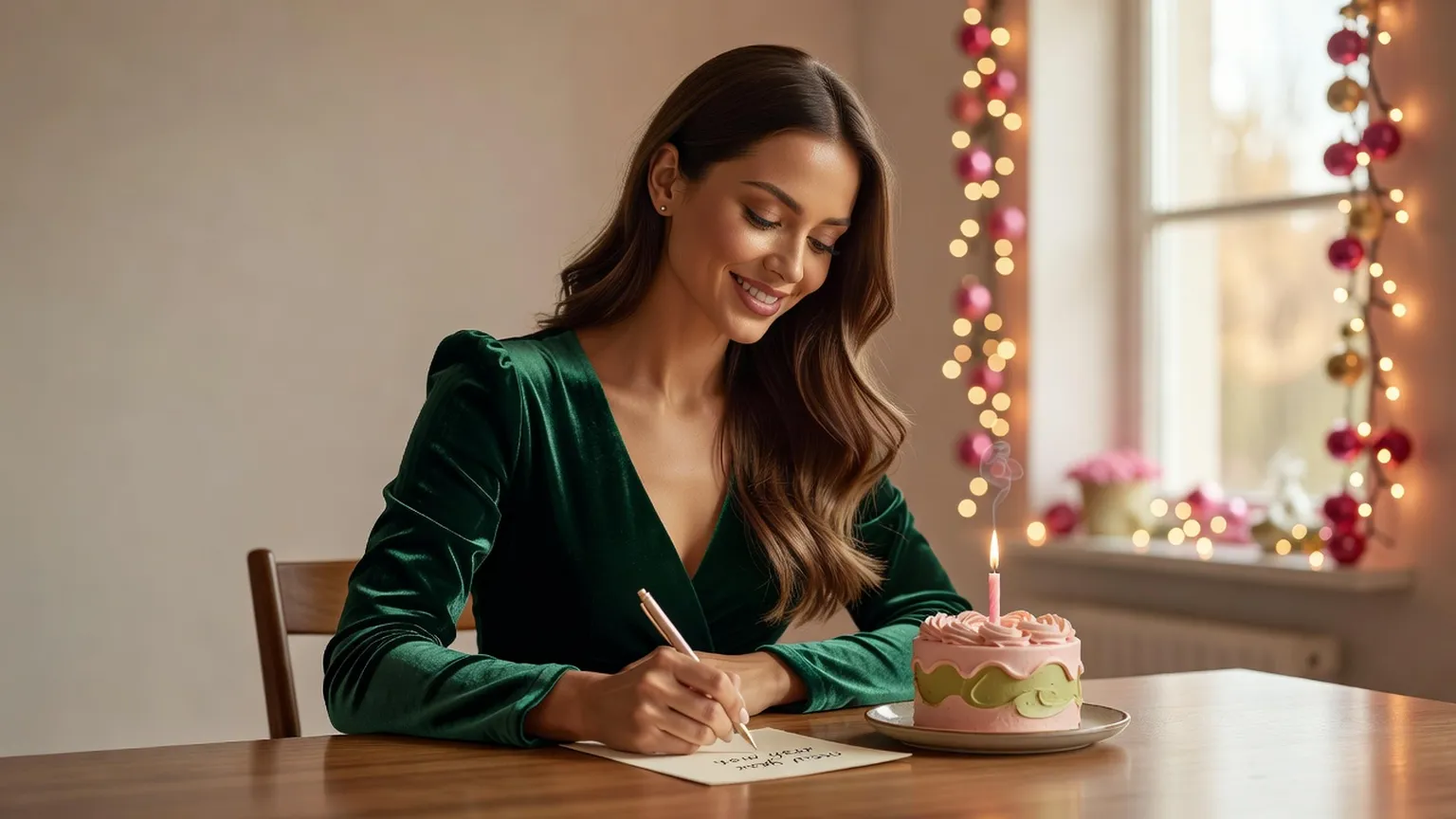Une femme en robe verte écrit une carte à une table en bois, un petit gâteau à côté d'elle et des guirlandes lumineuses à la fenêtre
