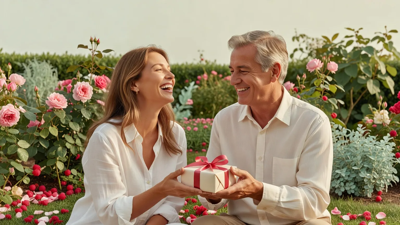 Une femme en chemise blanche rit avec son père d'une soixantaine d'années dans un jardin, il tient un petit cadeau noué d'un ruban