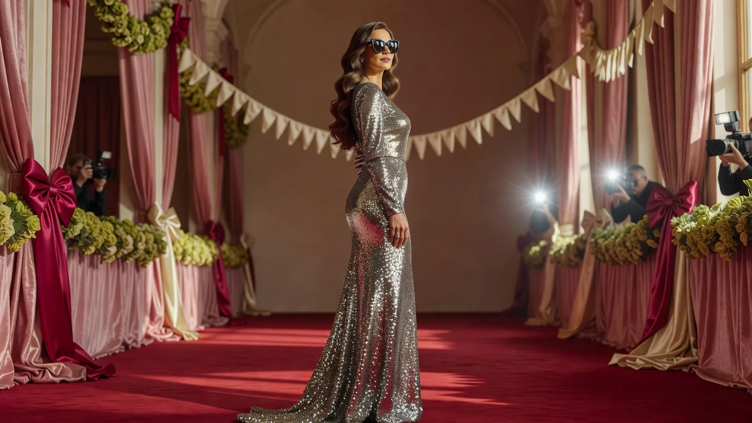 Une femme en robe à paillettes argentées et lunettes de soleil pose sur un tapis rouge devant des photographes