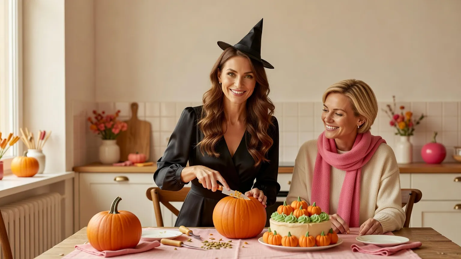 Une femme en robe noire et petit chapeau de sorcière creuse une citrouille avec une amie, un gâteau décoré de citrouilles à côté d'elles