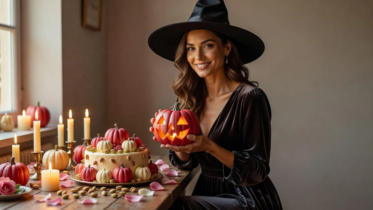 Une femme au chapeau de sorcière tient une citrouille sculptée, devant une table garnie de bougies et de petites citrouilles