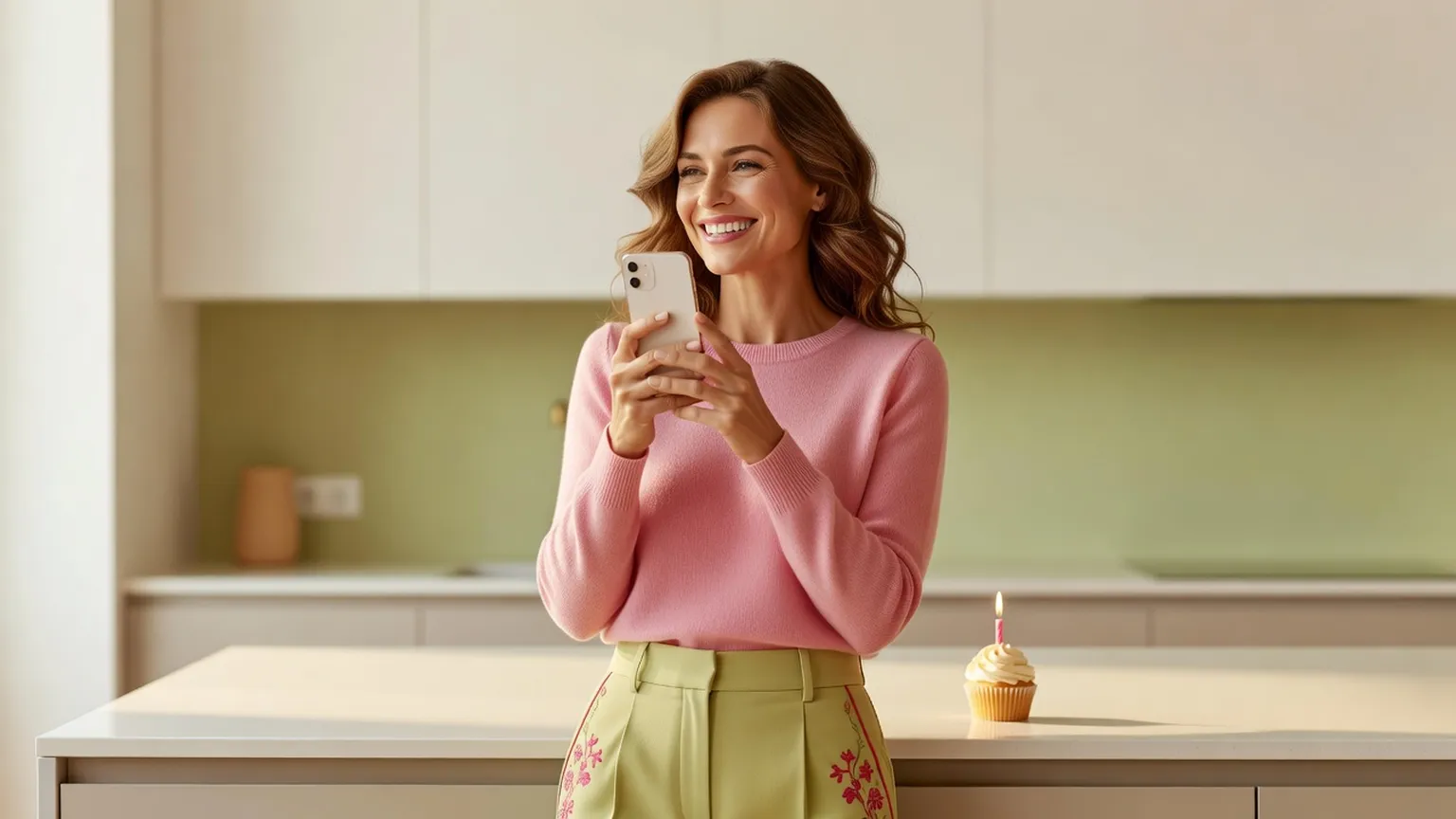 Une femme souriante en pull rose regarde son téléphone dans une cuisine claire, un cupcake à bougie sur le plan de travail