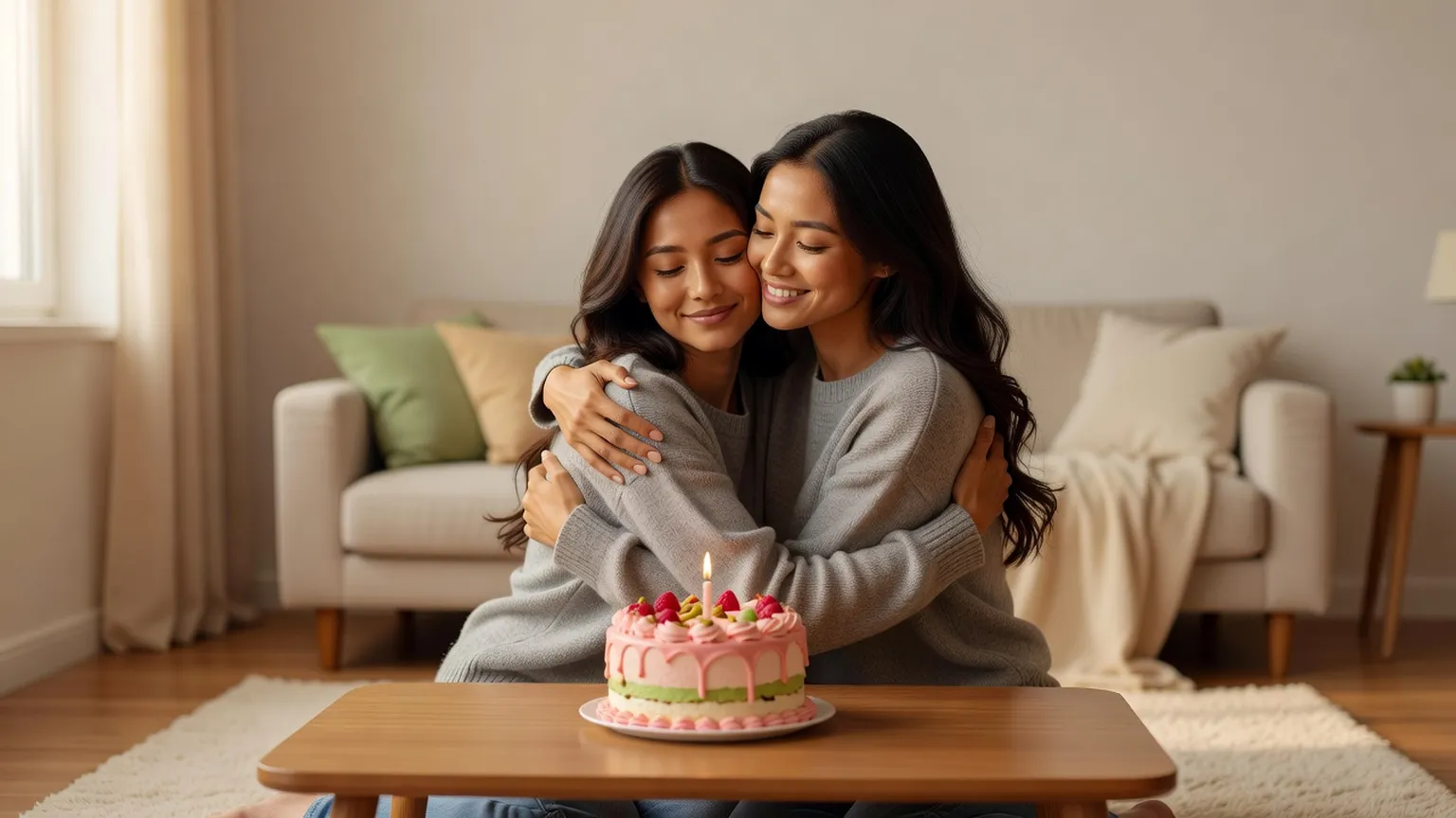 Deux amies se serrent dans les bras sur un canapé, les yeux fermés, devant un gâteau à bougie posé sur une table basse