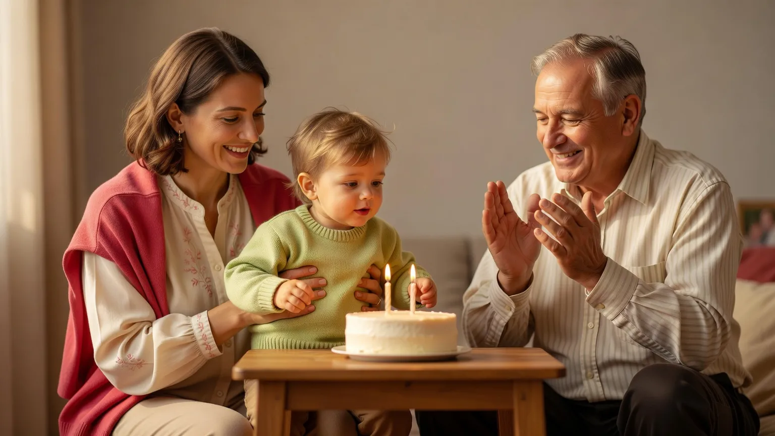 Un jeune enfant sur les genoux de sa mère souffle un petit gâteau à deux bougies, un homme applaudit à côté d'eux