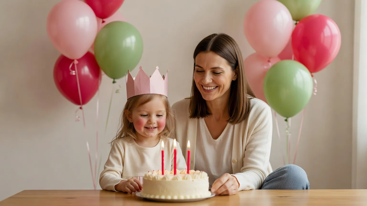 Une petite fille couronnée de papier rose sourit près de sa mère devant un gâteau à trois bougies, avec des ballons derrière elles