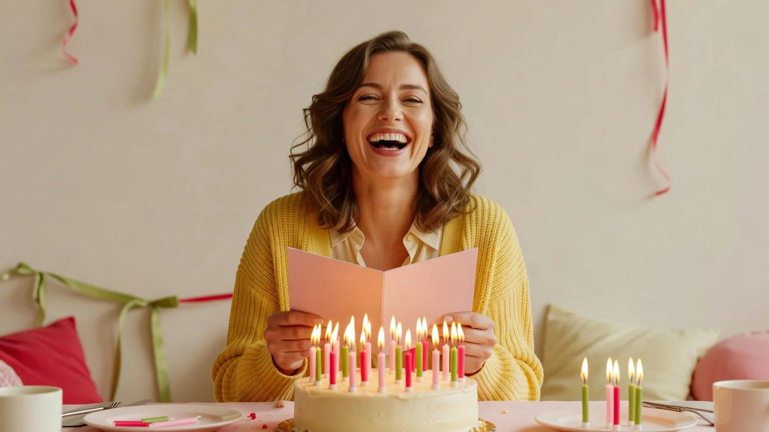 Une femme en gilet jaune éclate de rire en lisant une carte d'anniversaire devant un gâteau couvert de petites bougies