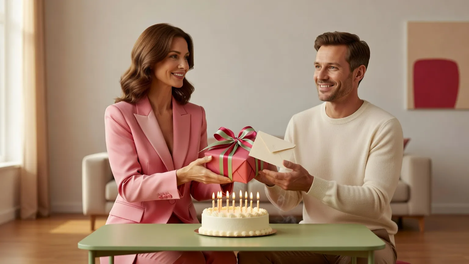 Une femme en blazer rose offre un cadeau emballé à un homme souriant, devant un gâteau à bougies posé sur une table verte