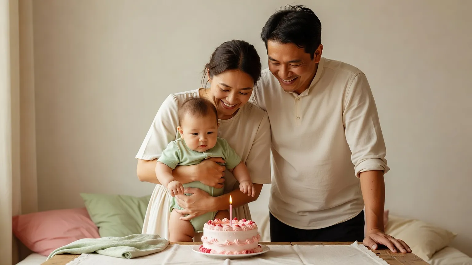 Une mère sourit en tenant son bébé d'un an près d'un petit gâteau à une bougie, le père souriant à côté d'eux dans un salon lumineux