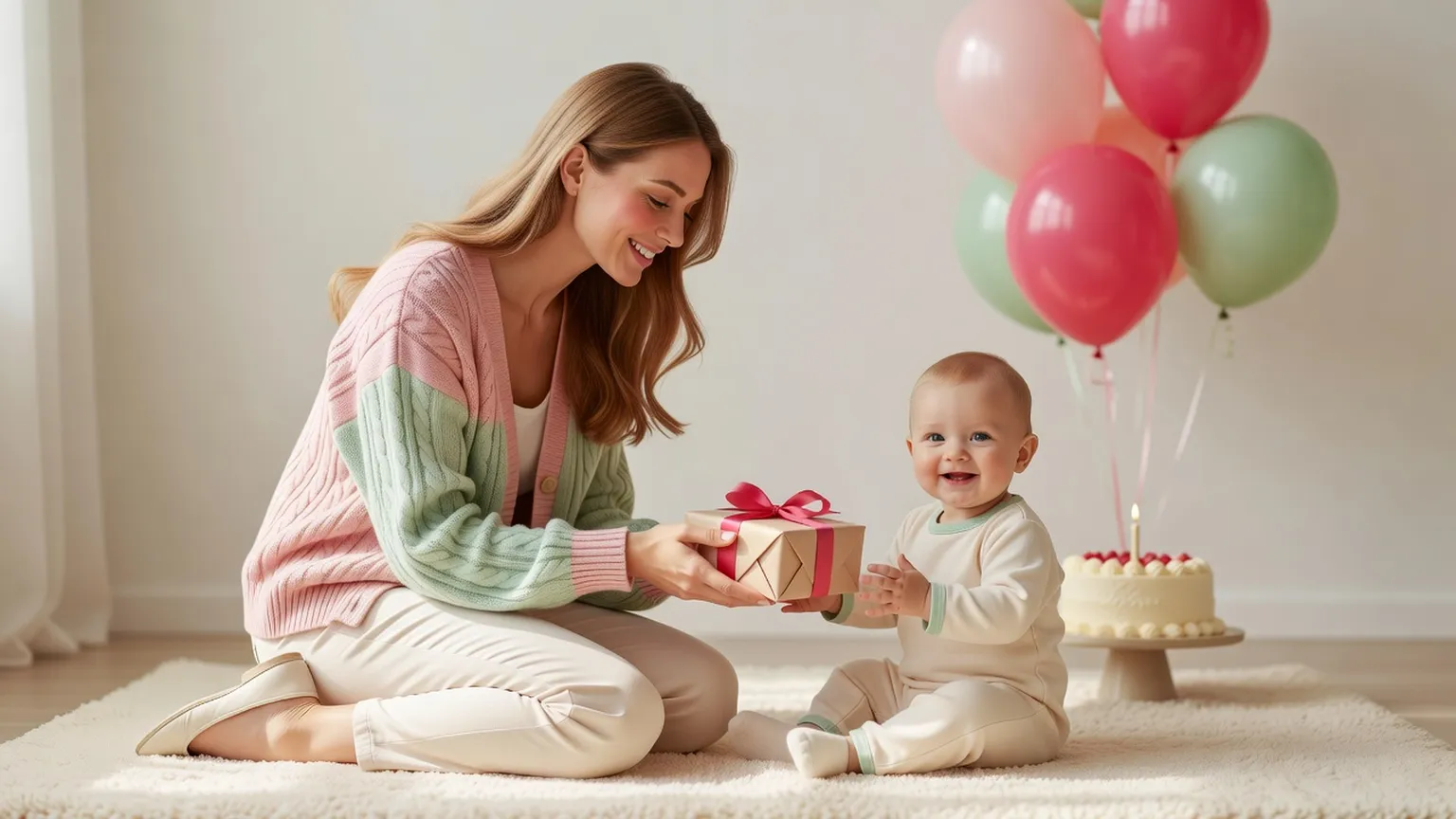 Une femme en gilet pastel s'agenouille pour offrir un cadeau emballé à un enfant d'un an assis sur un tapis, avec des ballons et un petit gâteau derrière eux